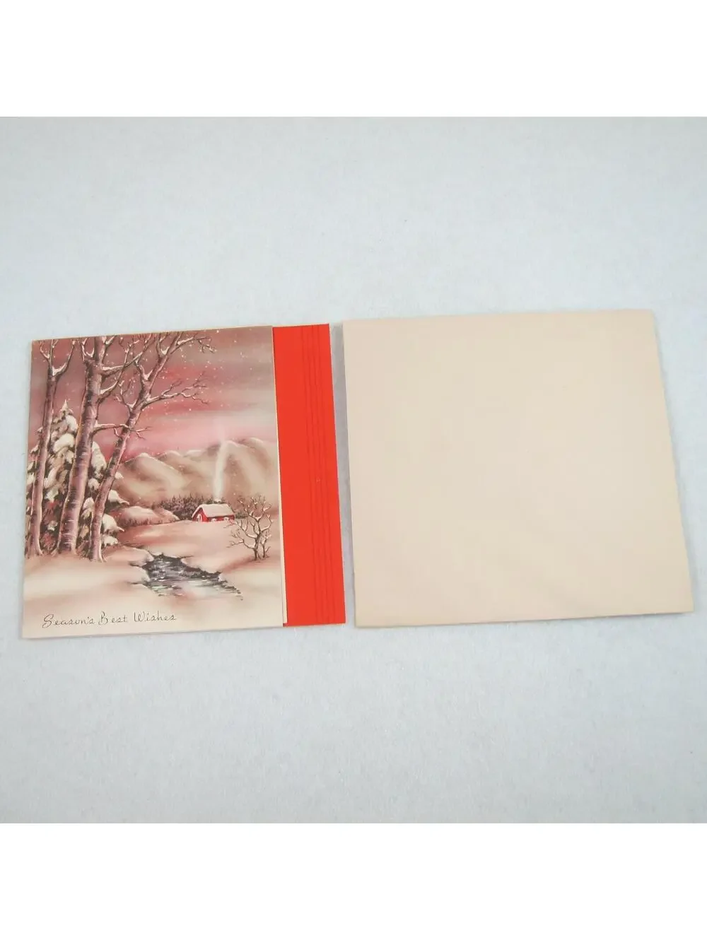 Vintage Christmas Card & Envelope Snow Cabin Stream John Greenleaf Whittier Poem